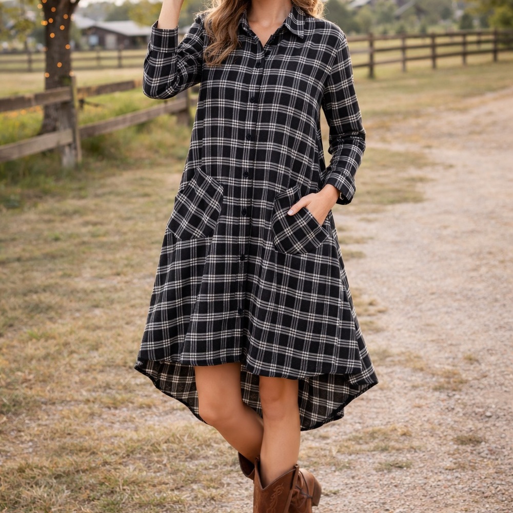 Black & White Plaid Shirt Dress XL • Hi-Low Hem • Pockets • Boho Western - Picture 3 of 4